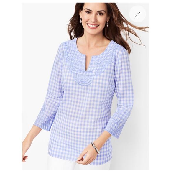 Talbots Tops - Talbots Popover Top Gingham Plaid Women’s Periwinkle Embroidered Boho Size SP